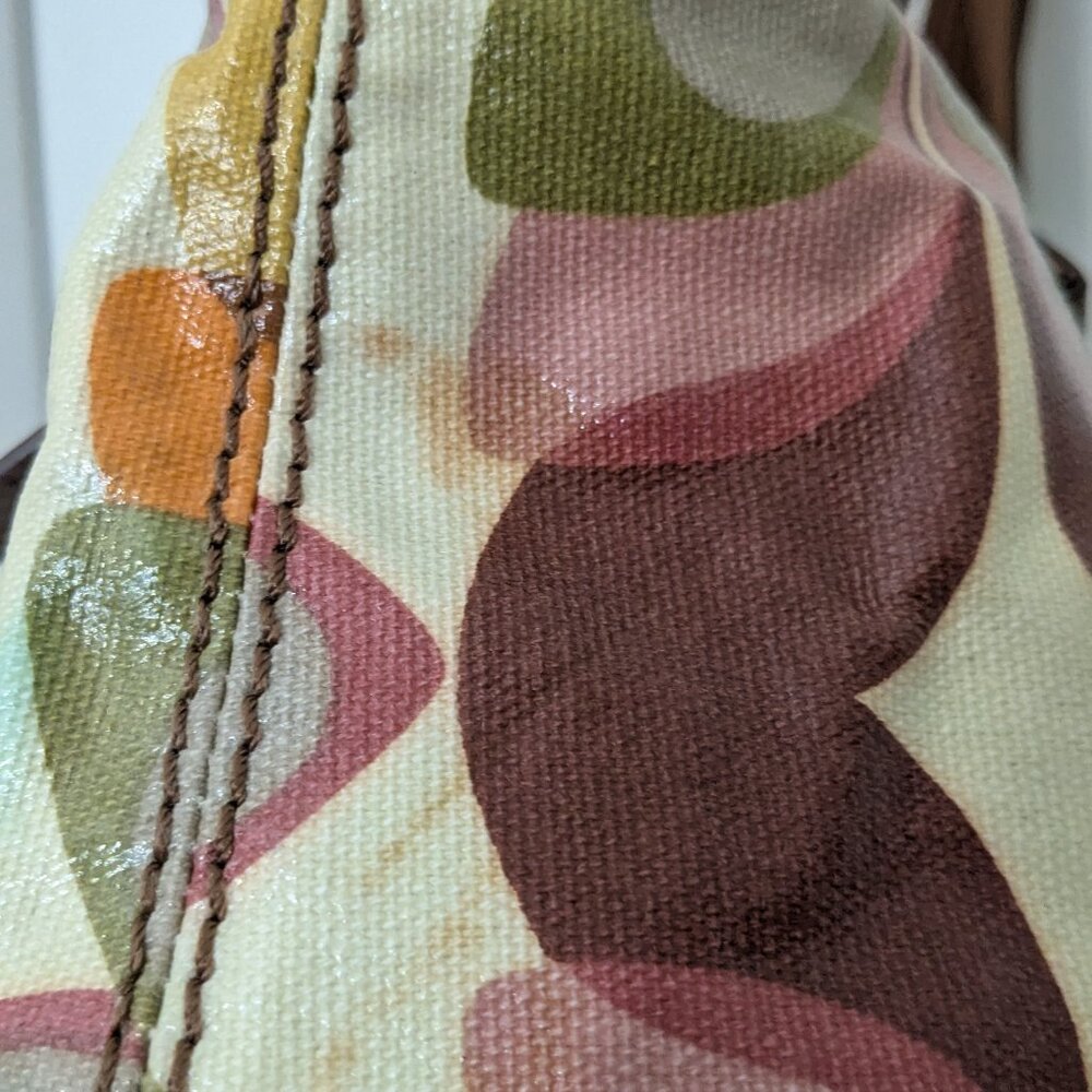 Vintage Fossil KeyPer Vibrant Floral Coated Canvas and Brown Leather Tote Should - Picture 7 of 16